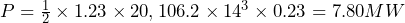 P = \frac{1}{2} \times 1.23 \times 20,106.2 \times 14^{3} \times 0.23 = 7.80 MW