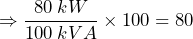 \Rightarrow \dfrac{80 \: kW}{100 \: kVA} \times 100 = 80