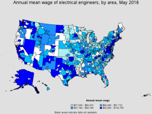 annual mean wage of electrical engineers by area in 2018