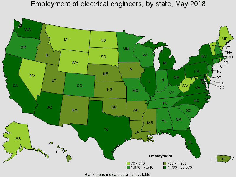 employment of electrical engineers by state in 2018