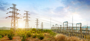 high voltage power substation with transmission lines