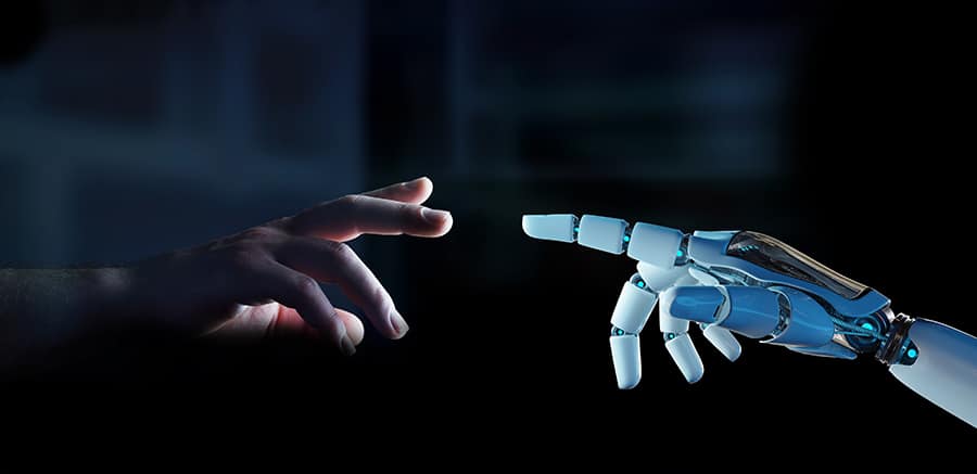 white cyborg finger about touch human finger